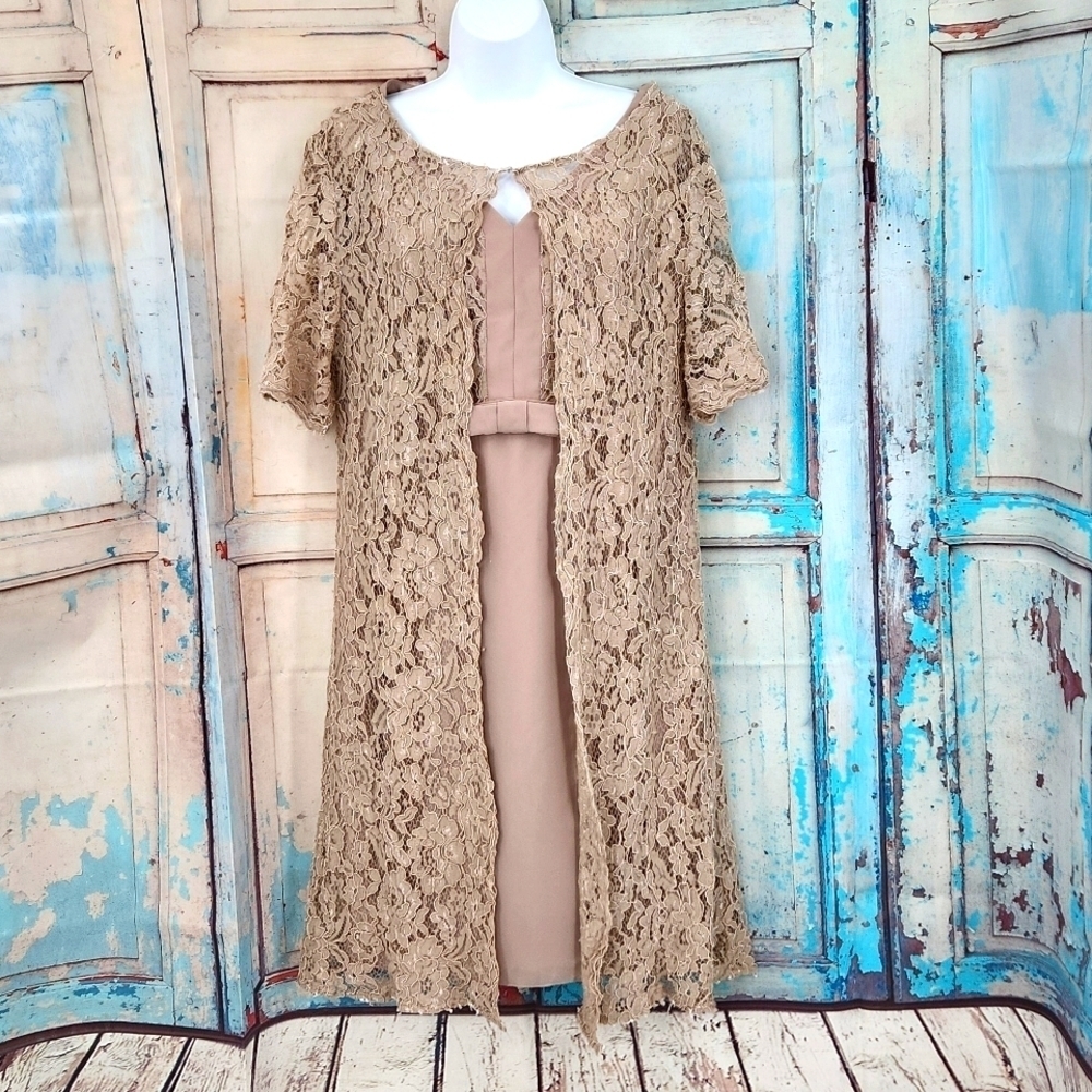 JJs House Beige Lace Overlay Midi Dress with Taupe Slip